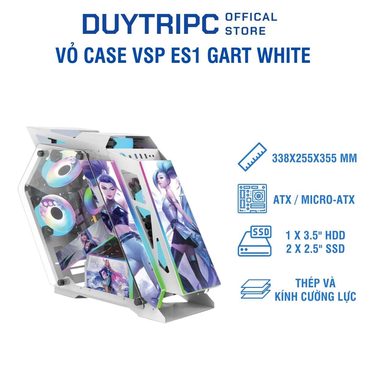 Vỏ Case VSP ES1 GART White – Thiết Kế Gaming Trắng Hiện Đại, Kính Cường Lực, Tối Ưu Tản Nhiệt